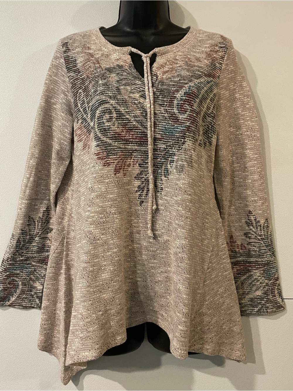 Beige Patterned Tie-Neck Women's Tunic Blouse